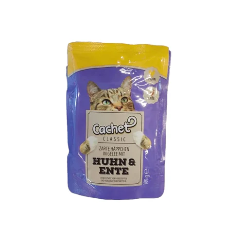 پوچ گربه کچت با طعم مرغ و اردک در ژله Cachet huhn & ente In Jelly وزن 100 گرم