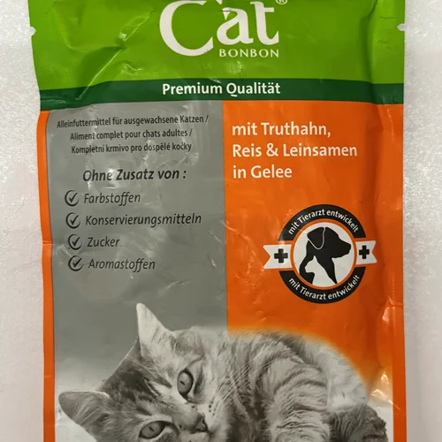 پوچ گربه بالغ بنبون طعم بوقلمون و برنج و دانه کتان cat bonbon pouches وزن 100 گرمی
