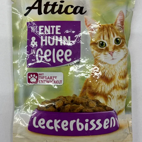 پوچ گربه بالغ اتیکا طعم مرغ و اردک در ژله attica pouches وزن 100 گرمی