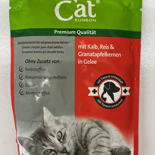 پوچ گربه بالغ بنبون طعم گوشت گوساله و برنج و دانه انار cat bonbon pouches وزن 100 گرمی