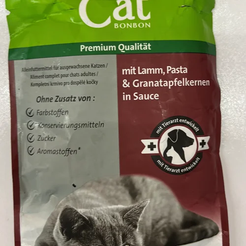 پوچ گربه بالغ بنبون طعم بره و پاستا و دانه انار cat bonbon pouches وزن 100 گرمی