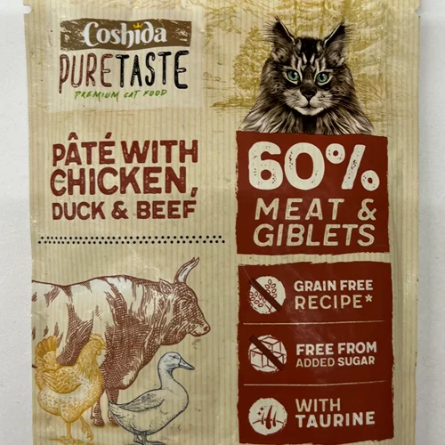 پوچ گربه کوشیدا طعم مرغ و گوشت گاو و اردک Coshida cat food pouches chicken & beef & duck وزن 85 گرم