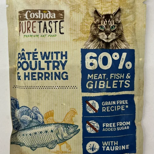 پوچ گربه کوشیدا طعم مرغ و شاه ماهی و بوقلمون Coshida cat food pouches poultry & fish & herring وزن 85 گرم