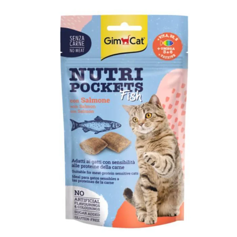 اسنک تشویقی گربه جیم کت بدون پروتئین حیوانی با طعم سالمون GimCat Nutri Pockets Salmon وزن 60 گرم