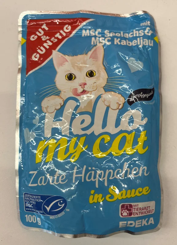 پوچ گربه بالغ طعم سالمون و ماهی کاد برند هلو مای کت hello my cat