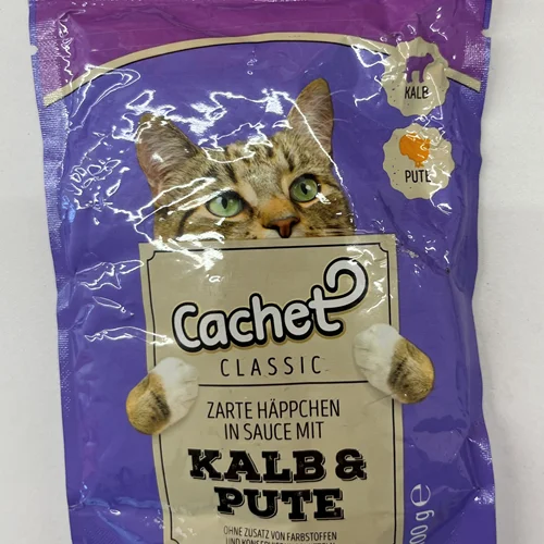 پوچ گربه کچت با طعم گوشت گوساله و بوقلمون در ژله Cachet kalb& pute In Jelly وزن 100 گرم