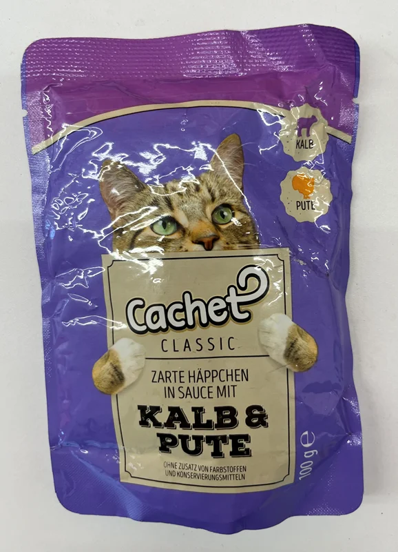 پوچ گربه کچت با طعم گوشت گوساله و بوقلمون در ژله Cachet kalb& pute In Jelly وزن 100 گرم