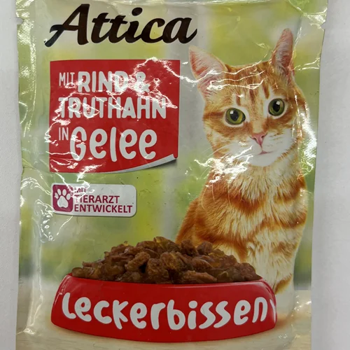 پوچ گربه بالغ اتیکا طعم گوشت گاو و بوقلمون در ژله attica pouches وزن 100 گرمی