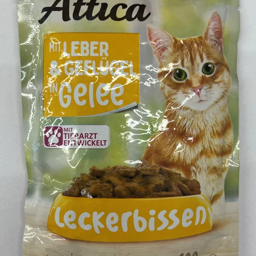 پوچ گربه بالغ اتیکا طعم جگر و پرندگان در ژله attica pouches وزن 100 گرمی