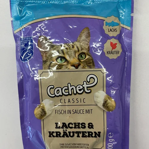 پوچ گربه کچت با طعم ماهی سالمون و گیاهان دارویی در ژله Cachet lachs & krautern Jelly وزن 100 گرم