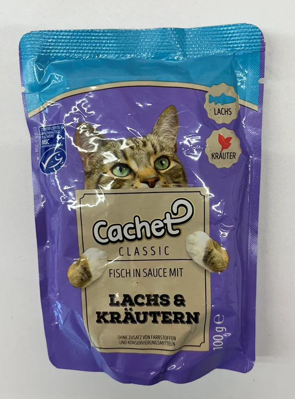 پوچ گربه کچت با طعم ماهی سالمون و گیاهان دارویی در ژله Cachet lachs & krautern Jelly وزن 100 گرم